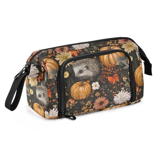 miaozhen Federmäppchen mit großem Fassungsvermögen, Aufbewahrungstasche mit Griff, Stifteetui, Kosmetik, Make-up für Männer, Elementar, personalisierte Landschaft, Tiere, Igel, Kürbis, Wildblume, von miaozhen