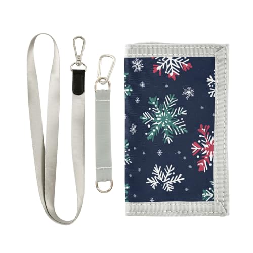 miaozhen Frohe Weihnachten bunte Schneeflocken dreifach gefaltete schlanke Geldbörse für Damen Nylon lässige Geldbörse mit Geldklammer mit Umhängeband Cartera Para Hombre, Frohe Weihnachten bunte von miaozhen