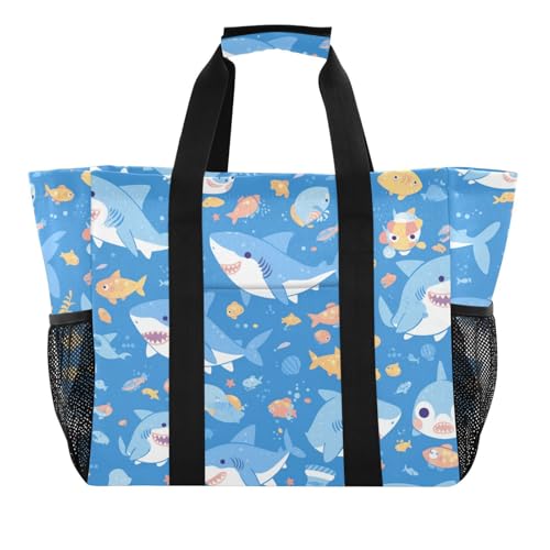 miaozhen Große Mehrzweck-Tragetasche, Angry Great White Fish Sea Sky Blue, faltbar, mit Taschen mit Griffen von miaozhen