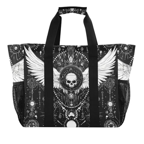 miaozhen Große Strandtasche Böser Totenkopf schwarz Gothic faltbar mit Fächern mit Griffen von miaozhen