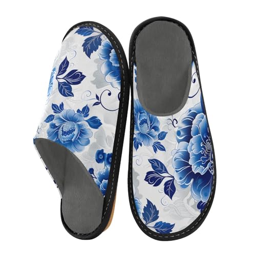 miaozhen Hausschuhe für Damen, chinesischer Stil, Jade-Schmuck, blaue Blume, für den Innenbereich, Memory-Schaum, flauschige Hausschuhe, Hausschuhe, Bettpantoffeln, Jade-Schmuck im chinesischen Stil von miaozhen