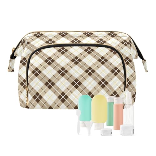 miaozhen Kosmetiktasche für Damen, mit Münzgeldbörse, kariert, Pastellbraun, Pastellbraunes Karomuster, Modern von miaozhen