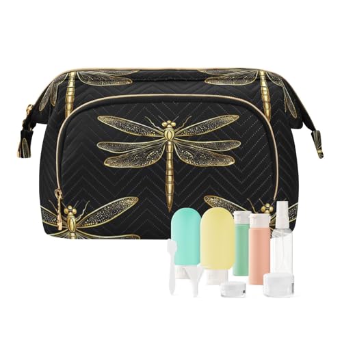 miaozhen Kosmetiktasche mit Libellen-Motiv, mit Reißverschluss, wasserdicht, für Damen, Münzbörse für Reisen, Badezimmer, Maquillaje, Leuchtend goldene Libelle, Modern von miaozhen