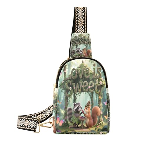 miaozhen Love Is Sweet Animal Waschbär Eichhörnchen Schultertasche Anti-Diebstahl Leder Bauchtasche Crossbody zum Wandern, Love is Sweet Animal Waschbär Eichhörnchen, Love is Sweet Animal Waschbär von miaozhen