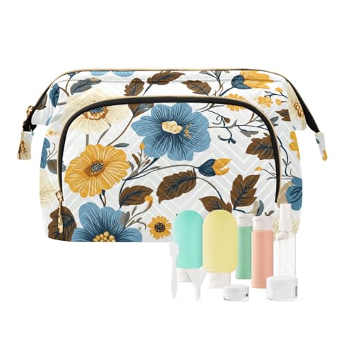 miaozhen Make-up-Tasche mit Reißverschluss, für Damen, mit Reißverschluss, für Kleingeld, großes Fassungsvermögen, Blau und Gelb, Blaue und gelbe Blumen, Modern von miaozhen