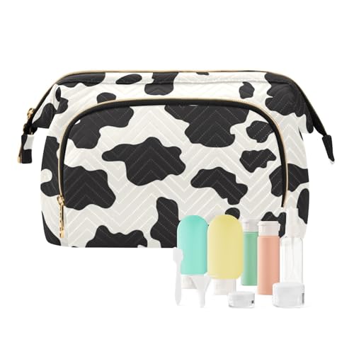 miaozhen Maquillaje Reisetasche mit Kuhmuster, wasserdicht, für Damen, Münzgeldbörse für Toilettenartikel, Beige / Schwarz, Beigefarbener schwarzer Kuhdruck, Modern von miaozhen