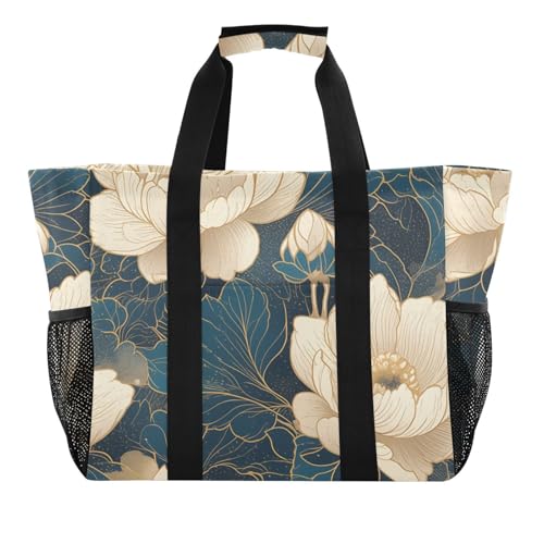 miaozhen Mehrzweck-Tragetaschen, goldfarben, blaugrün, Blumenmuster, zusammenklappbar, mit Taschen, Segeltuch von miaozhen