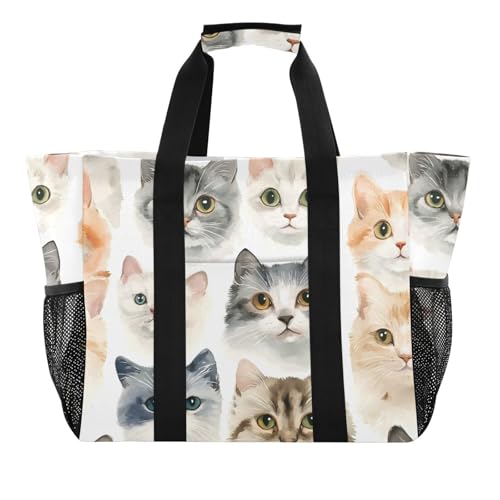 miaozhen Mehrzwecktaschen und Tragetaschen, Tiere, Katzengruppe, Aquarell, faltbar, mit Taschen, Segeltuch von miaozhen