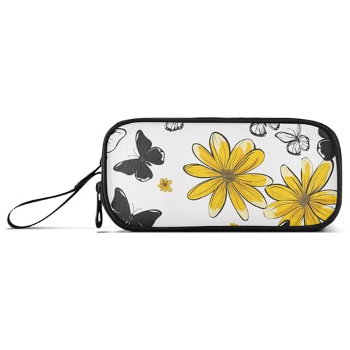 miaozhen Nylon-Federmäppchen, Schulbedarf, gelbe Gänseblümchen und schwarze Schmetterlinge, großes Fassungsvermögen, großes Federmäppchen mit Reißverschluss, Schulbedarf, für College, Damen, Estuche von miaozhen