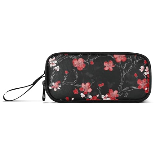 miaozhen Nylon-Federmäppchen für die Schule, Schwarz und Rot, japanische Kirschblüten, große Kapazität, großer Reißverschluss, Federmäppchen, Schreibwaren für High School Nurse Estuche Para von miaozhen