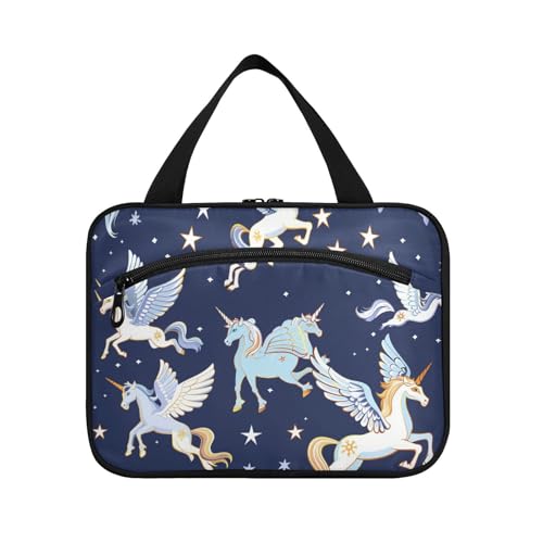 miaozhen Pegasus Kulturbeutel mit Cartoon-Einhörnern, zum Aufhängen, Reise-Organizer mit Haken, waschbar, für Accessoires für Damen, Bolsa Para Guardar Maquillaje L, Marineblau, Cartoon-Einhörner von miaozhen