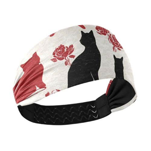 miaozhen Schwarz-rote Katzenrosen, Silhouette, rutschfest? Stoff-Stirnbänder für Damen, dehnbare Haarbänder für Volleyball, Volleyball, Wandern, den täglichen Gebrauch, Banda para el cabello von miaozhen
