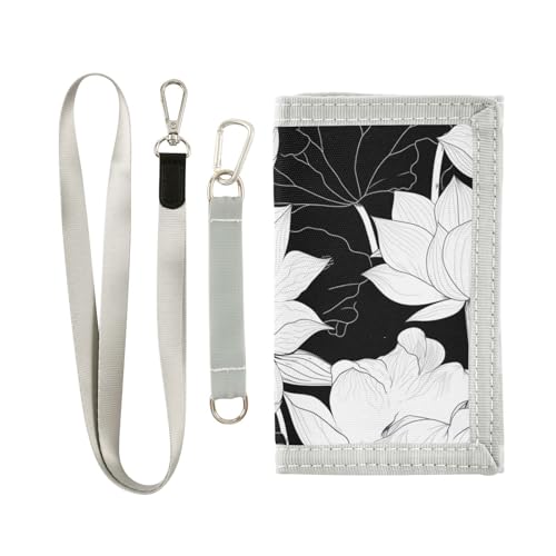 miaozhen Schwarz-weiße dreifach gefaltete Geldbörse für Damen, cooles, leichtes, minimalistisches Portemonnaie mit Umhängeband, Carteras Para Hombre, Schwarz-weiße Blume, 1 size von miaozhen