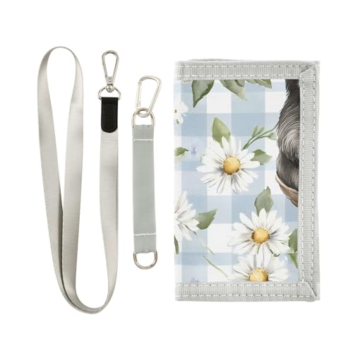 miaozhen Schwarzes Faultier Büffel Plaid Gänseblümchen Ei Ostern dreifach gefaltete Geldbörse Kartenhalter für Frauen minimalistisch leicht schlanke Brieftasche mit Umhängeband Carteras Para Hombres von miaozhen