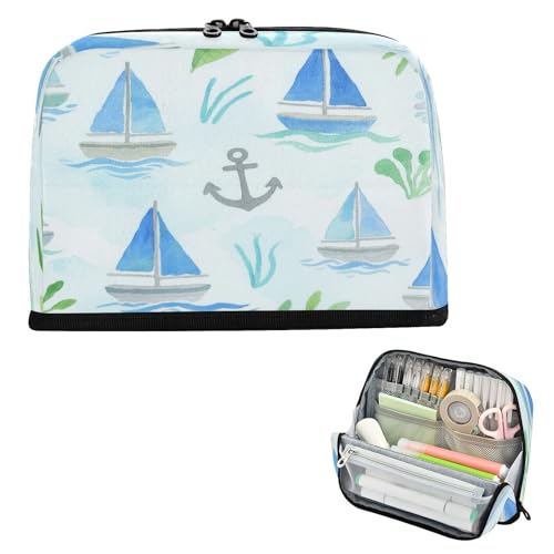 miaozhen Stiftebox mit großem Fassungsvermögen, aufrecht, Aufbewahrungstasche mit Reißverschluss, Schreibtisch-Organizer für Studenten, High School, niedliches Cartoon, blau, Segelboot, Cartucheras von miaozhen