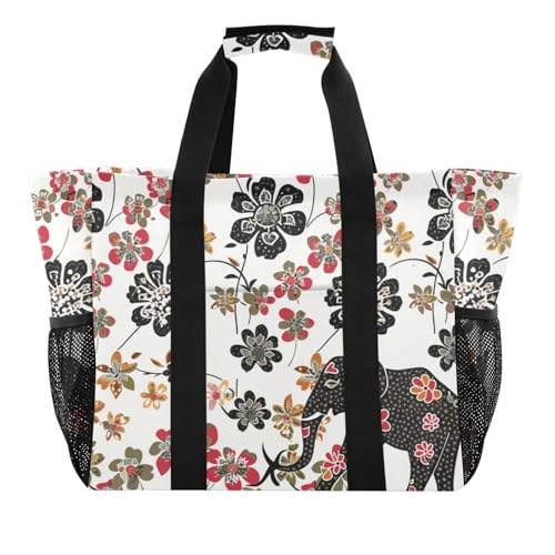 miaozhen Strandtasche, Bohemian-Elefanten, Blumen, weiß, faltbar, mit Fächern mit Griffen miaozhen Strandtasche, Bohemian-Elefanten, Blumen, weiß, faltbar, mit Fächern mit Griffen von miaozhen