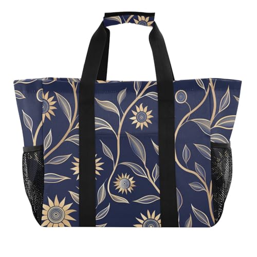 miaozhen Strandtasche, Sonnenblume, dunkelblau, zusammenklappbar, mit Fächern und Griffen miaozhen Strandtasche, Sonnenblume, dunkelblau, zusammenklappbar, mit Fächern und Griffen von miaozhen