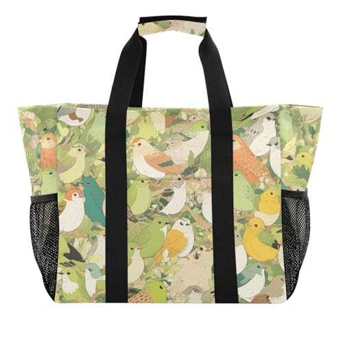 miaozhen Strandtasche Cartoon Wachtelvogel Gruppe grün Sommer zusammenklappbar mit Fächern Canvas von miaozhen