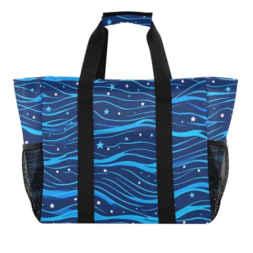 miaozhen Strandtasche Simple Line Stars Electric Blue Wave Pattern Foldable Waterproof with Handles von miaozhen