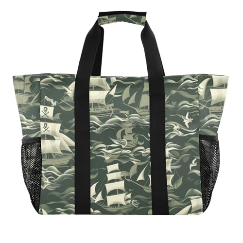 miaozhen Strandtasche William Morris Stil Piraten Khaki Segelboot faltbar wasserabweisend mit Griffen von miaozhen