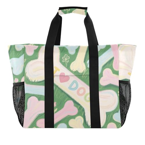 miaozhen Strandtaschen I Love Dog Knochen grün zusammenklappbar mit Fächern mit Griffen von miaozhen