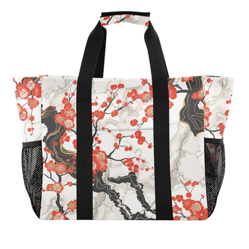 miaozhen Strandtaschen Marmor Wintersweet Pflaumenblüte rot faltbar mit Taschen mit Griffen von miaozhen