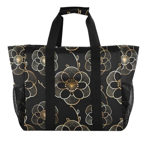 miaozhen Tragetasche Camellia Schwarz Gold zusammenklappbar sanddicht mit Griffen von miaozhen