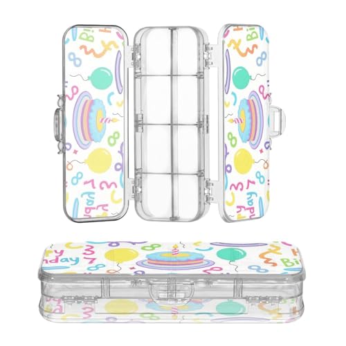 miaozhen Transparente Kunststoff-Federbox mit 2-lagigem "Happy Birthday"-Band, buntes Stifteetui für Kinder, mit Schnappdeckel von miaozhen