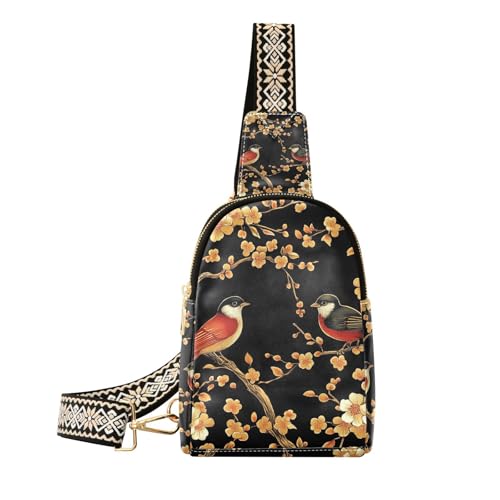 miaozhen Trendige schwarze rote Neujahrs-Tasche mit Vögeln und Blumen, kleine Umhängetasche, wasserdicht, für Damen, Bauchtasche für den Tagesrucksack, Schwarz-rote Neujahrsvögel und Blumen von miaozhen
