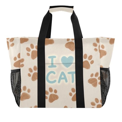 miaozhen Utility Storage Bags I Love Cats Paw Khaki Foldable Water Resistant Canvas von miaozhen