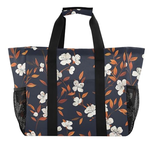miaozhen Utility Tote Bag Flower and White Blossom Brown Dark Blue Foldable With Compartments with Handles von miaozhen