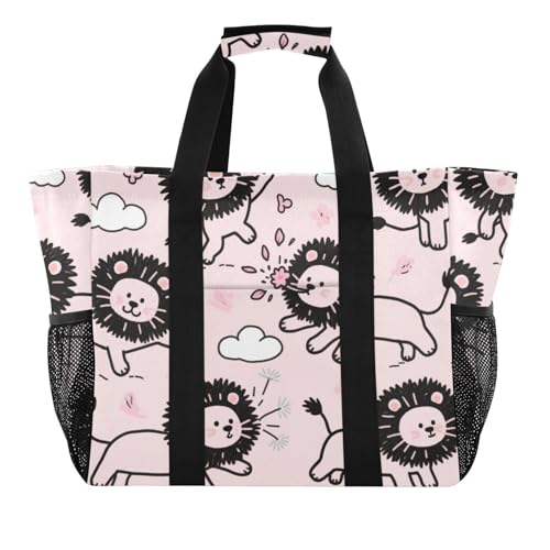 miaozhen Utility Tote Bag Pfirsich-Cartoon-Löwe, niedliches Kritzeln, faltbar, mit Fächern mit Griffen von miaozhen