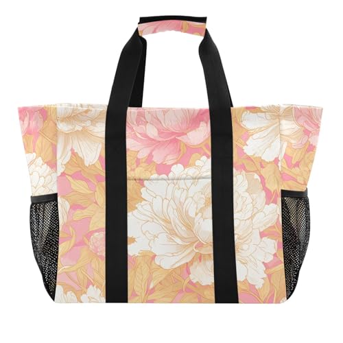 miaozhen Utility Tote Chinesischer Stil Floral Pfingstrose Pfirsich Gold Faltbar Wasserdicht mit Griffen von miaozhen
