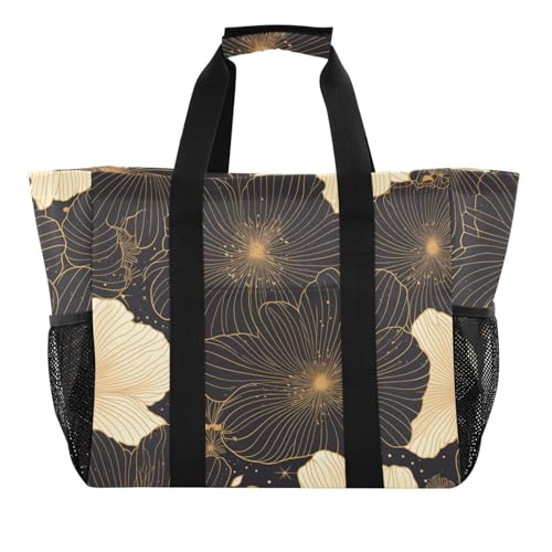 miaozhen Utility Tote Line Drawing Floral Gold Black Collapsable With Pockets with Handles von miaozhen