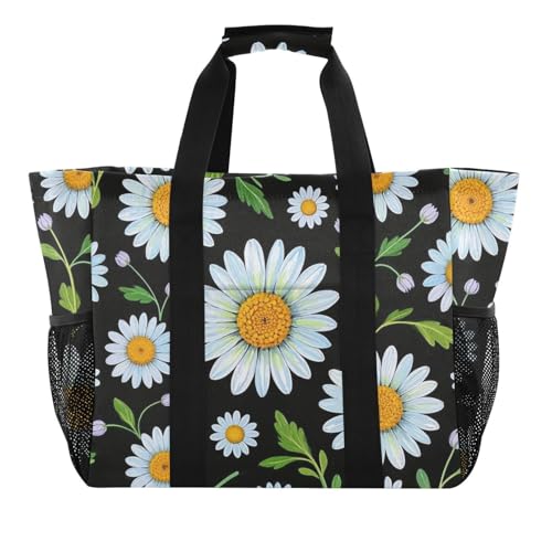 miaozhen Utility Tote Lovely Daisy Floral White Black Foldable With Compartments Canvas von miaozhen