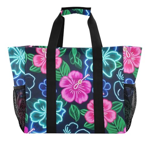 miaozhen Utility Tote Summer Neon Hibiscus Frangipani Flower Foldable With Pockets with Handles miaozhen Utility Tote Summer Neon Hibiscus Frangipani Flower Foldable With Pockets with Handles von miaozhen