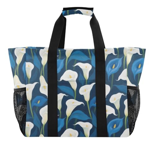 miaozhen Utility Tote White and Blue Calla Lilies Collapsable With Pockets Canvas von miaozhen
