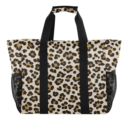 miaozhen Utility Totes, Kunst-Glitzer, Leopardenmuster, Beige, faltbar, mit Fächern, Segeltuch von miaozhen