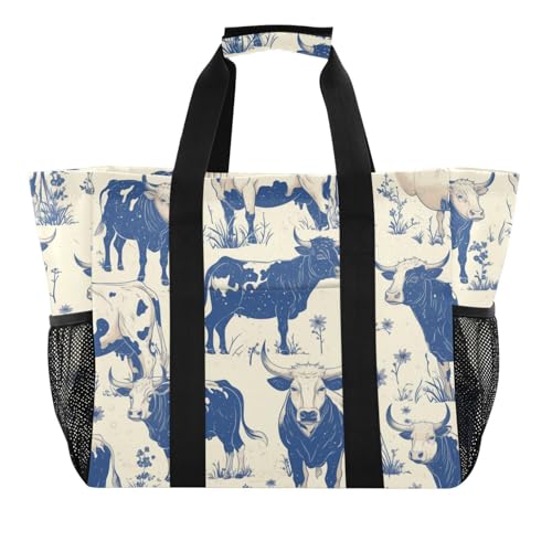 miaozhen Utility Totes Art Cartoon Kuh dunkelblau zusammenklappbar mit Fächern Leinwand von miaozhen