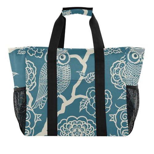 miaozhen Utility Totes Traditionelles chinesisches Muster, Eule, Blaugrün, faltbar, sanddicht, mit Griffen von miaozhen
