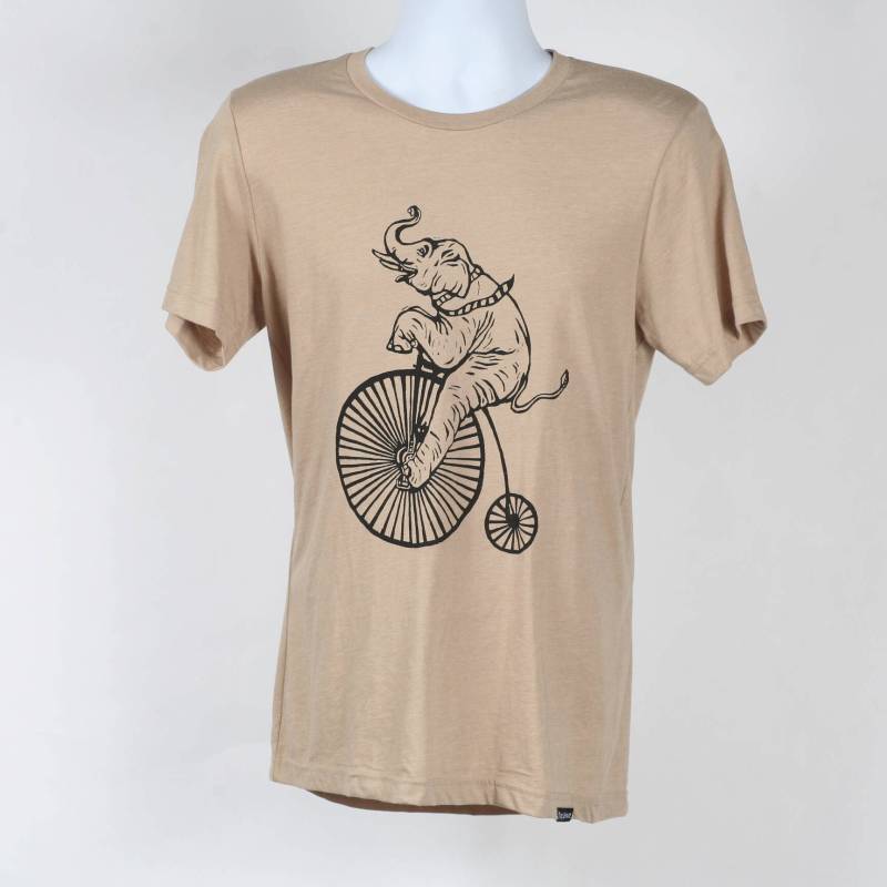 Elefant Reiten High Wheel Fahrrad Auf Heather Tan T-Shirt Sm Md Lg Xl 2Xl von miasunique