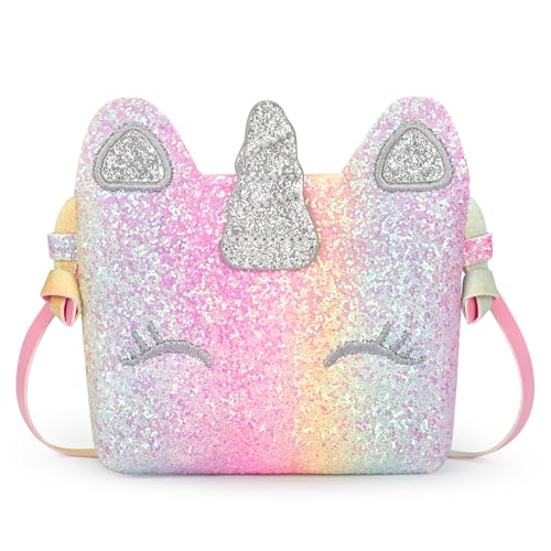 mibasies Unicorn Gifts Kinder-Geldbörse für Mädchen im Alter von 3–12 Jahren, kleine Mädchen, Geldbörse, Geschenke, Geldbörse, Crossbody-Tasche, Rosa Blau Glitzer von mibasies