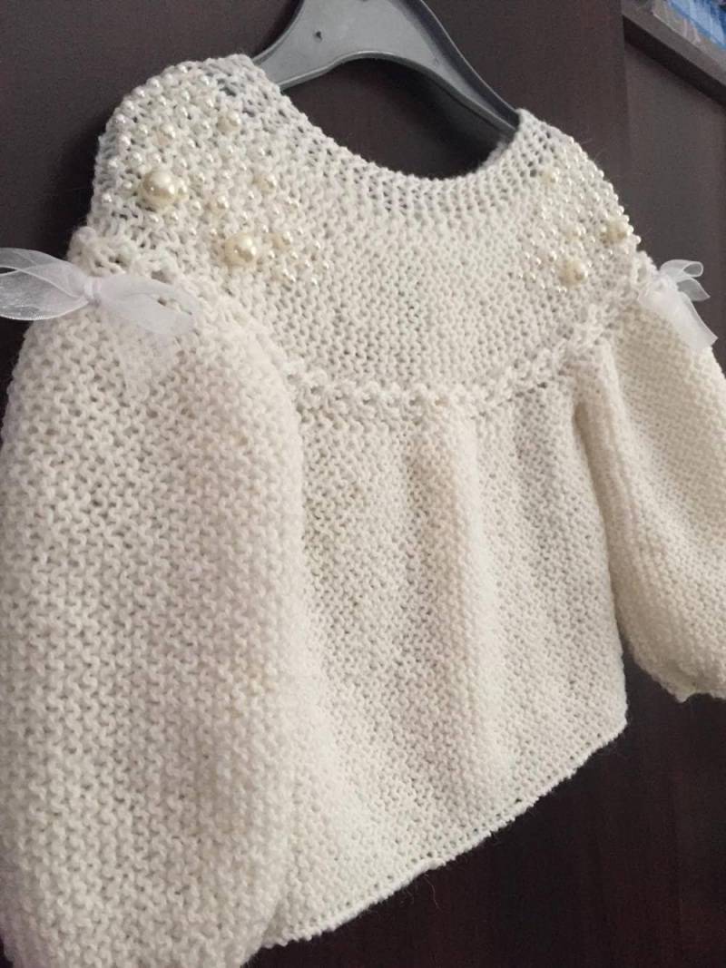 Weißer Mädchenpullover Mit Perlen, Babykleidung, Weiß von micayu
