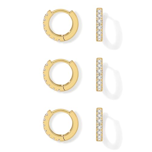 micuco 3 Paar kleine Kreolen, winzige Knorpelohrringe für Damen, Zirkonia-Ohrringe, Huggie-Creolen-Ohrpiercing-Ohrringe für Herren, 8 mm, 10 mm, 12 mm, Messing, Zirkonia von micuco