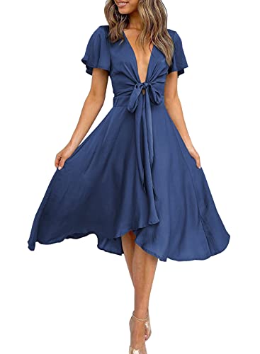 miduo Damen Maxikleid, Satin, V-Ausschnitt, Rüschen, kurze Ärmel, vorn, hohe Taille, Midi, A-Linie, Marineblau, Klein von miduo