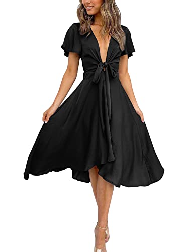 miduo Damen-Maxikleid aus Satin, V-Ausschnitt, Rüschen, kurzärmelig, zum Binden vorne, hohe Taille, A-Linie, A Black 01, Groß von miduo