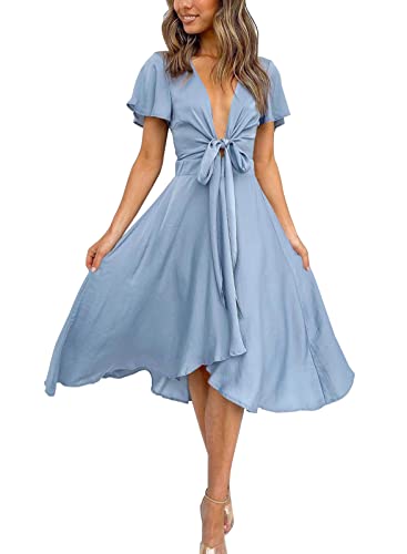 miduo Damen-Maxikleid aus Satin, V-Ausschnitt, Rüschen, kurzärmelig, zum Binden vorne, hohe Taille, A-Linie, A Blue 01, Mittel von miduo