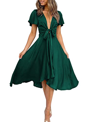 miduo Damen Satin, V-Ausschnitt, Rüschen, kurze Ärmel, Schnürung vorne, hohe Taille, Midi-Maxikleid, A-Linie, A Green, Groß von miduo