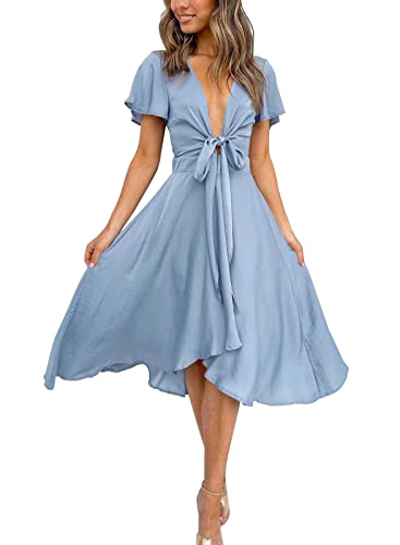 miduo Damen Satin V-Ausschnitt Rüschen Kurzarm Schnürung Vorderseite Hohe Taille Midi A-Linie Maxi Kleider, A Blue 01, Klein von miduo