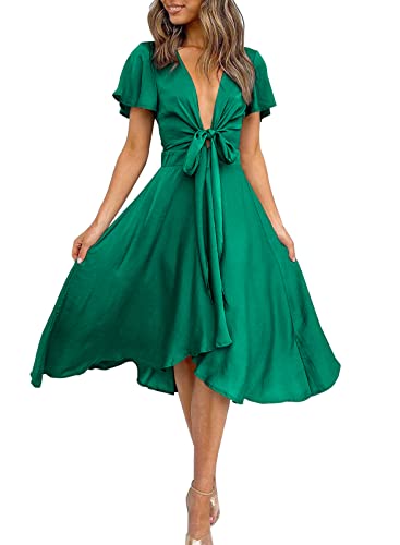 miduo Damen Satin V-Ausschnitt Rüschen Kurzarm Schnürung Vorderseite Hohe Taille Midi A-Linie Maxi Kleider, A Green 90, Groß von miduo